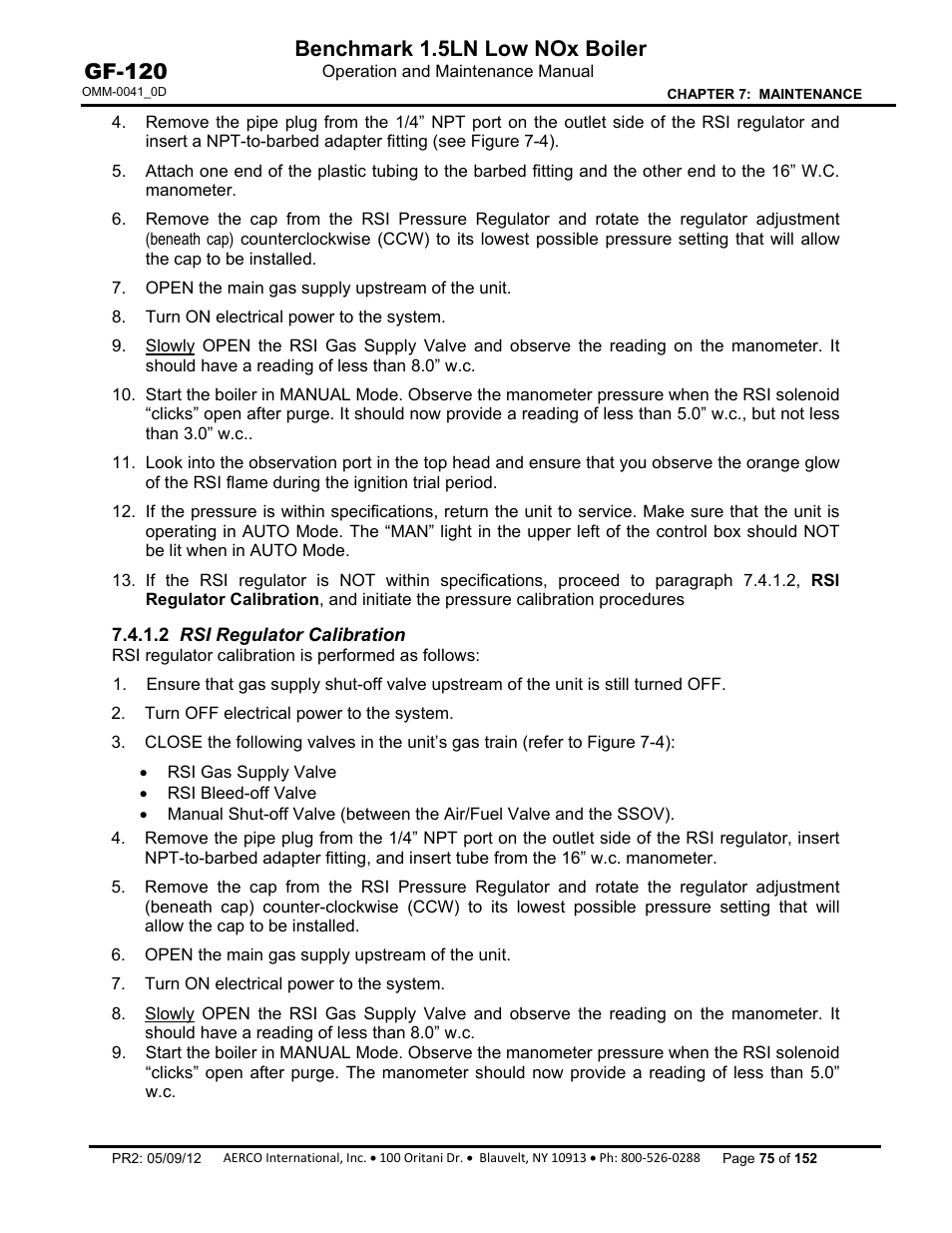 2 rsi regulator calibration, Benchmark 1.5ln low nox boiler, Gf-120 | AERCO BMK 1.5 LN July 2011 User Manual | Page 75 / 152