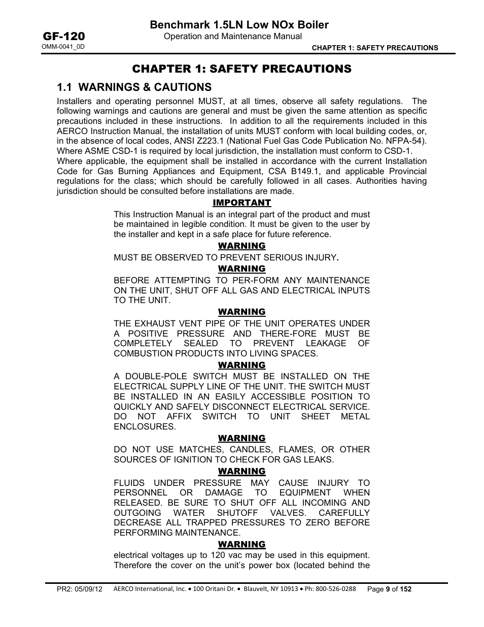 Chapter 1: safety precautions, 1 warnings & cautions, Benchmark 1.5ln low nox boiler | Gf-120 | AERCO BMK 1.5 LN July 2011 User Manual | Page 9 / 152