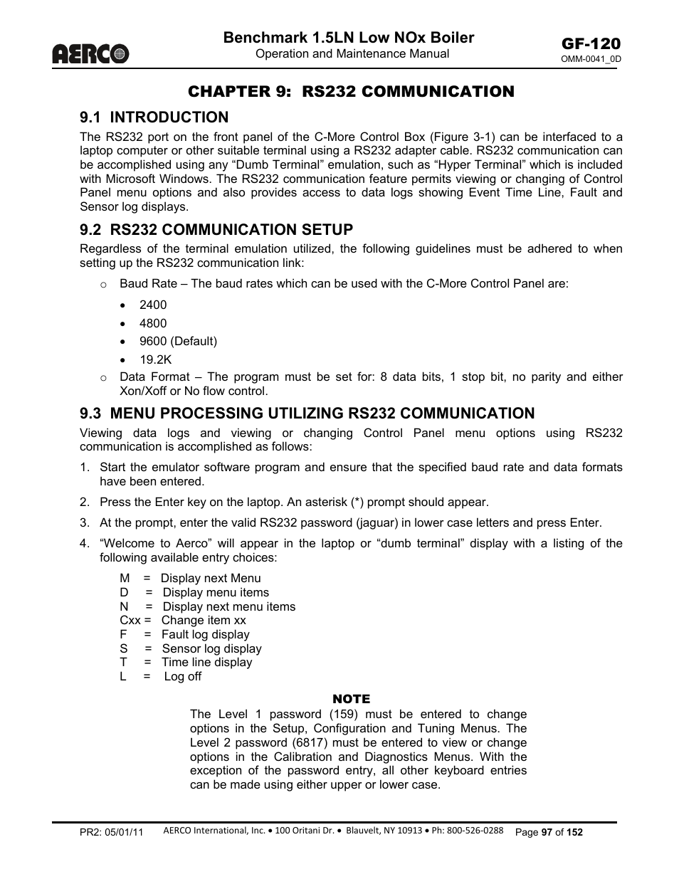 Chapter 9: rs232 communication, Chapter 8, Chapter 9 | 1 introduction, 2 rs232 communication setup, 3 menu processing utilizing rs232 communication, Benchmark 1.5ln low nox boiler, Gf-120 | AERCO BMK 1.5 LN July 2011 User Manual | Page 97 / 152