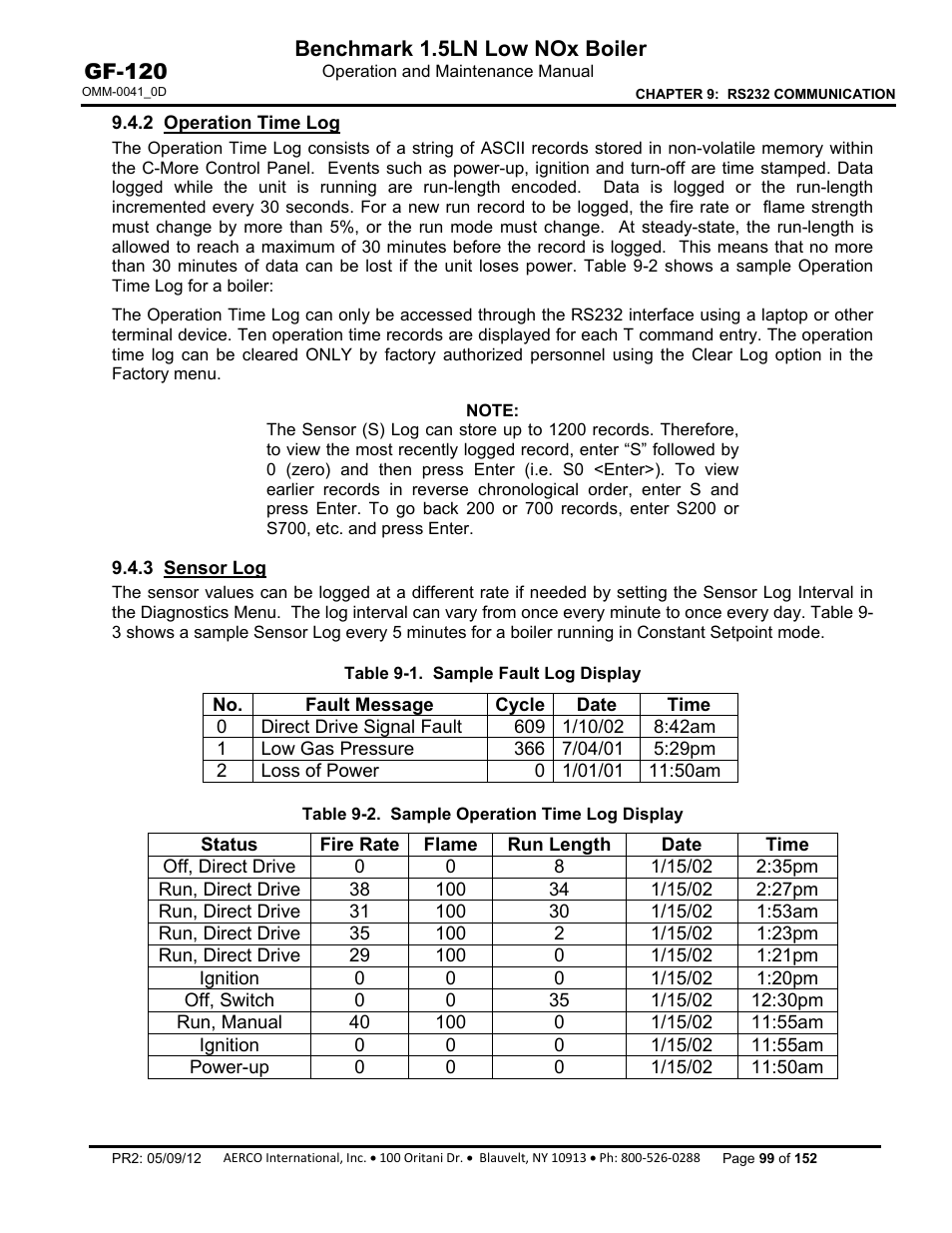 2 operation time log, 3 sensor log | AERCO BMK 1.5 LN July 2011 User Manual | Page 99 / 152