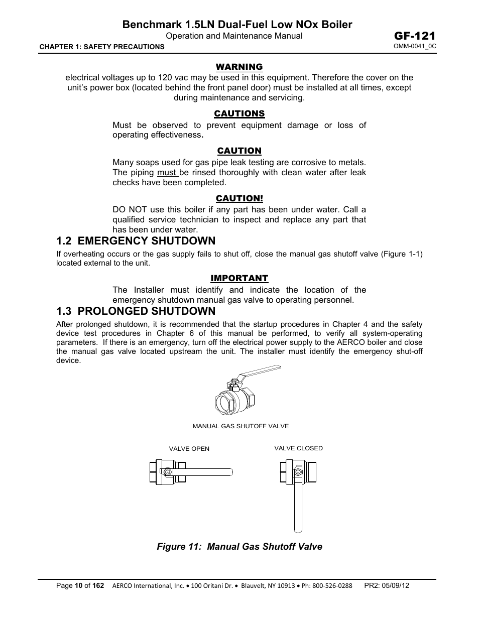 2 emergency shutdown, 3 prolonged shutdown, Benchmark 1.5ln dual-fuel low nox boiler | Gf-121 | AERCO BMK 1.5 LN Dual Fuel Feb 2013 User Manual | Page 10 / 162