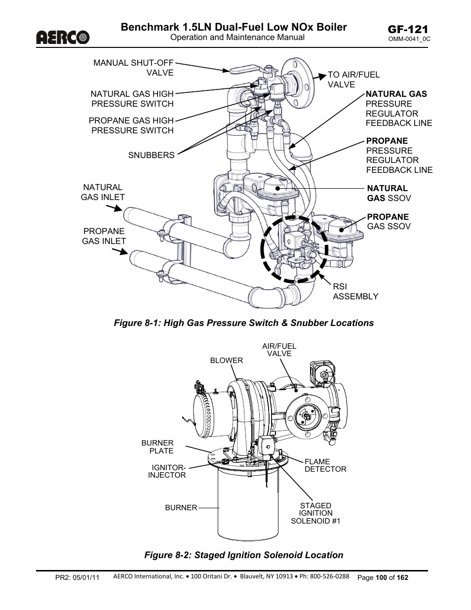 Figure 8-2: staged ignition solenoid location, Benchmark 1.5ln dual-fuel low nox boiler, Gf-121 | AERCO BMK 1.5 LN Dual Fuel Feb 2013 User Manual | Page 100 / 162