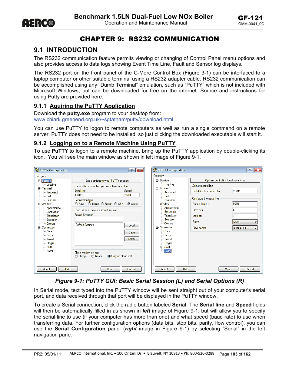 Chapter 9: rs232 communication, Chapter 8, Chapter 9 | 1 introduction, 1 aquiring the putty application, 2 logging on to a remote machine using putty, Benchmark 1.5ln dual-fuel low nox boiler, Gf-121 | AERCO BMK 1.5 LN Dual Fuel Feb 2013 User Manual | Page 103 / 162