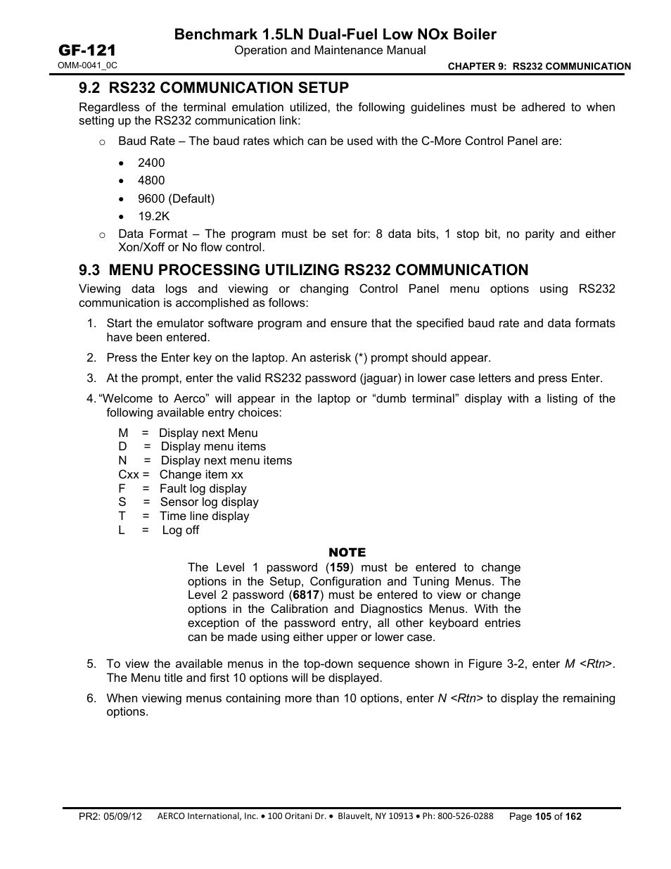 2 rs232 communication setup, 3 menu processing utilizing rs232 communication, Benchmark 1.5ln dual-fuel low nox boiler | Gf-121 | AERCO BMK 1.5 LN Dual Fuel Feb 2013 User Manual | Page 105 / 162