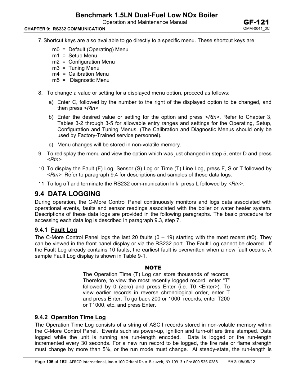 4 data logging, 1 fault log, 2 operation time log | Benchmark 1.5ln dual-fuel low nox boiler, Gf-121 | AERCO BMK 1.5 LN Dual Fuel Feb 2013 User Manual | Page 106 / 162