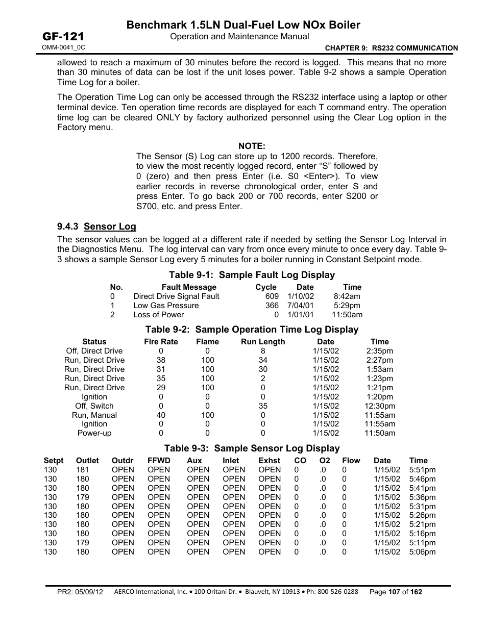 3 sensor log, Benchmark 1.5ln dual-fuel low nox boiler, Gf-121 | AERCO BMK 1.5 LN Dual Fuel Feb 2013 User Manual | Page 107 / 162