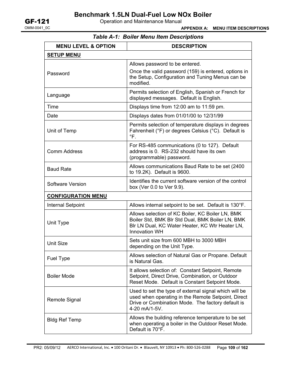 Benchmark 1.5ln dual-fuel low nox boiler, Gf-121 | AERCO BMK 1.5 LN Dual Fuel Feb 2013 User Manual | Page 109 / 162