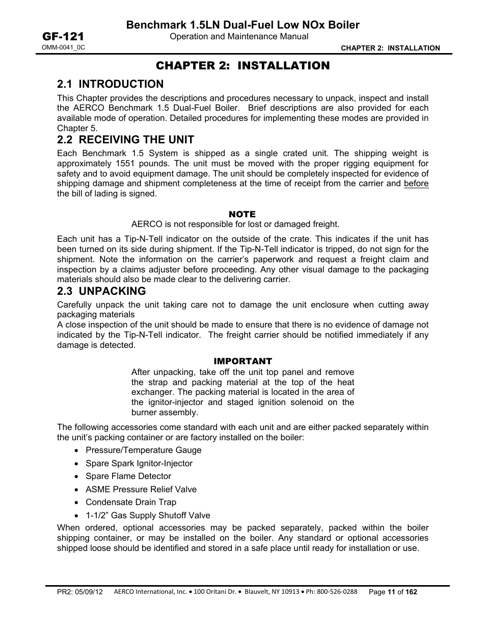 Chapter 2: installation, Chapter 2, 1 introduction | 2 receiving the unit, 3 unpacking, Benchmark 1.5ln dual-fuel low nox boiler, Gf-121, Chapter 2: installation 2.1 introduction | AERCO BMK 1.5 LN Dual Fuel Feb 2013 User Manual | Page 11 / 162