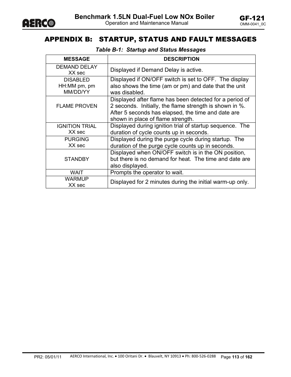 Appendix b: startup, status and fault messages, Benchmark 1.5ln dual-fuel low nox boiler, Gf-121 | AERCO BMK 1.5 LN Dual Fuel Feb 2013 User Manual | Page 113 / 162