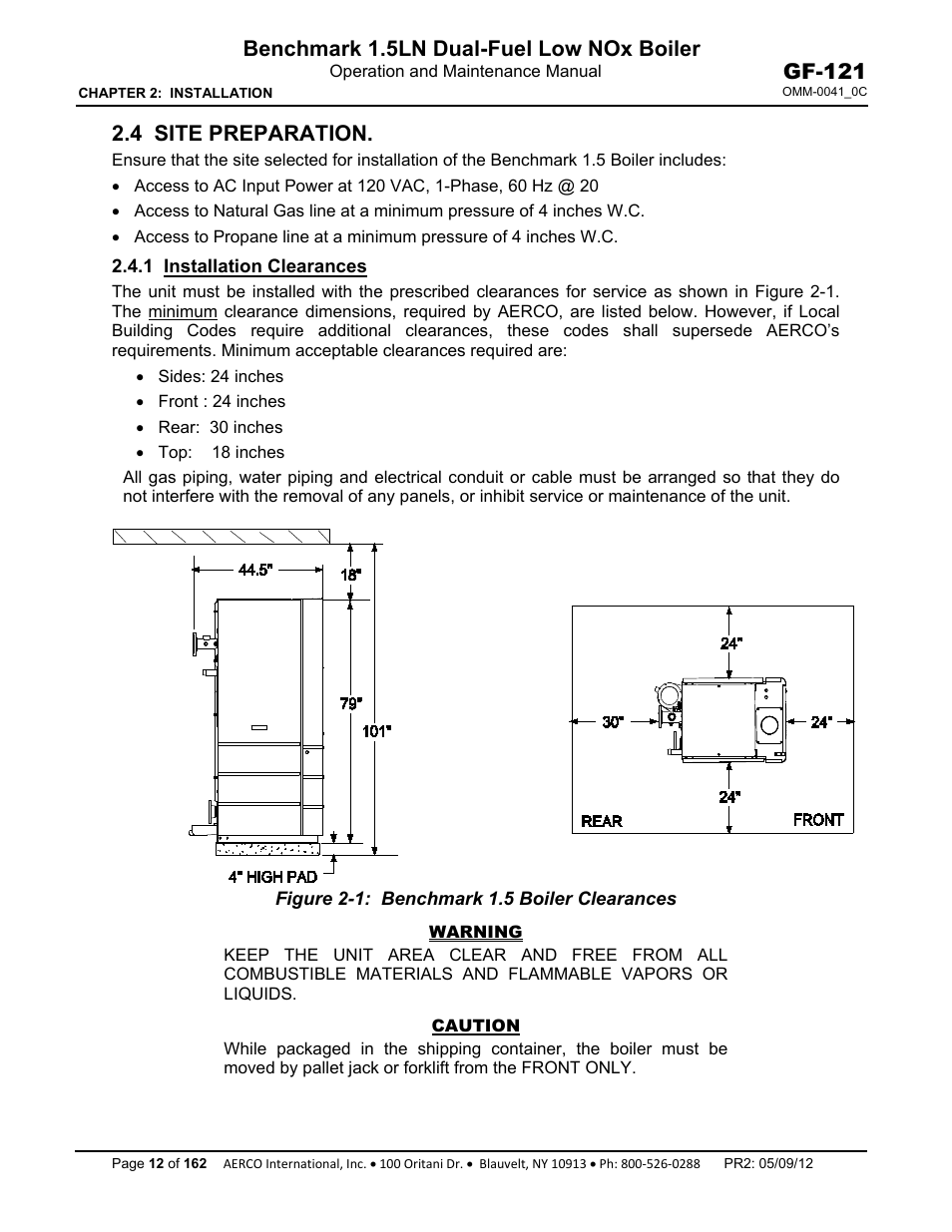 4 site preparation, 1 installation clearances, Benchmark 1.5ln dual-fuel low nox boiler | Gf-121 | AERCO BMK 1.5 LN Dual Fuel Feb 2013 User Manual | Page 12 / 162