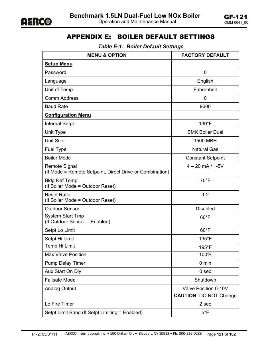 Appendix e: boiler default settings, Benchmark 1.5ln dual-fuel low nox boiler, Gf-121 | AERCO BMK 1.5 LN Dual Fuel Feb 2013 User Manual | Page 121 / 162