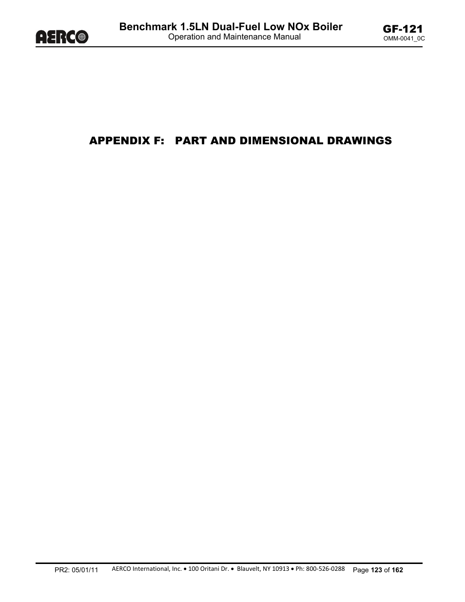 Appendix f: part and dimensional drawings, Benchmark 1.5ln dual-fuel low nox boiler, Gf-121 | AERCO BMK 1.5 LN Dual Fuel Feb 2013 User Manual | Page 123 / 162