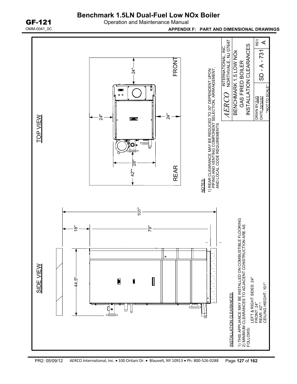 Aerco, Benchmark 1.5ln dual-fuel low nox boiler, Gf-121 | Sd - a - 731 a, Side view top view, Rear front | AERCO BMK 1.5 LN Dual Fuel Feb 2013 User Manual | Page 127 / 162