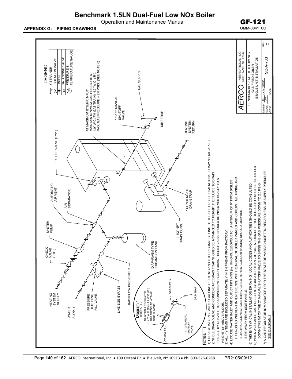 Aerco, Benchmark 1.5ln dual-fuel low nox boiler, Gf-121 | Operation and maintenance manual, Appendix g: piping drawings, Legend | AERCO BMK 1.5 LN Dual Fuel Feb 2013 User Manual | Page 140 / 162