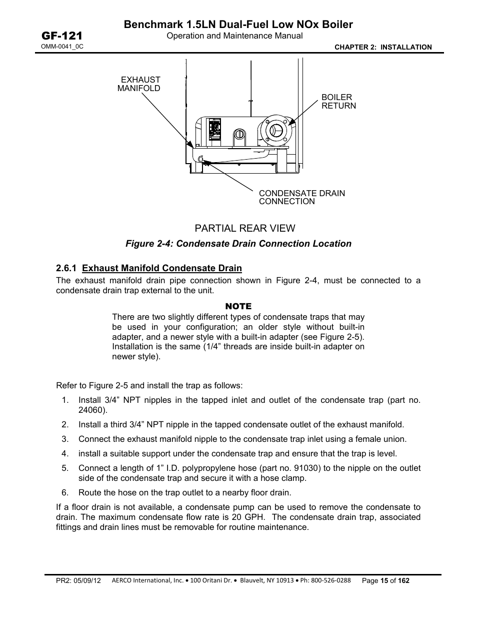 1 exhaust manifold condensate drain, Benchmark 1.5ln dual-fuel low nox boiler, Gf-121 | AERCO BMK 1.5 LN Dual Fuel Feb 2013 User Manual | Page 15 / 162