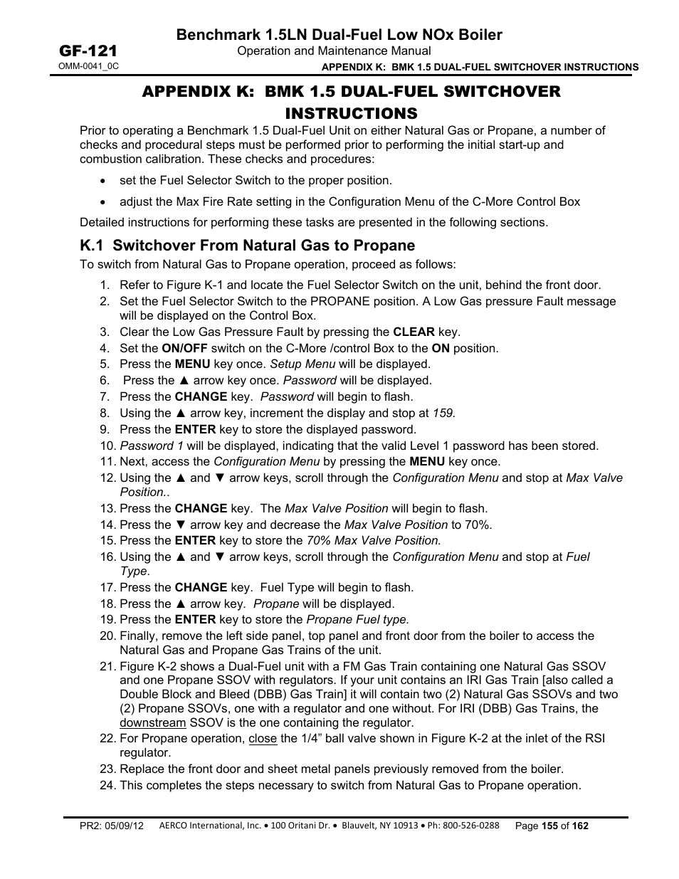 K.1 switchover from natural gas to propane, Benchmark 1.5ln dual-fuel low nox boiler, Gf-121 | AERCO BMK 1.5 LN Dual Fuel Feb 2013 User Manual | Page 155 / 162
