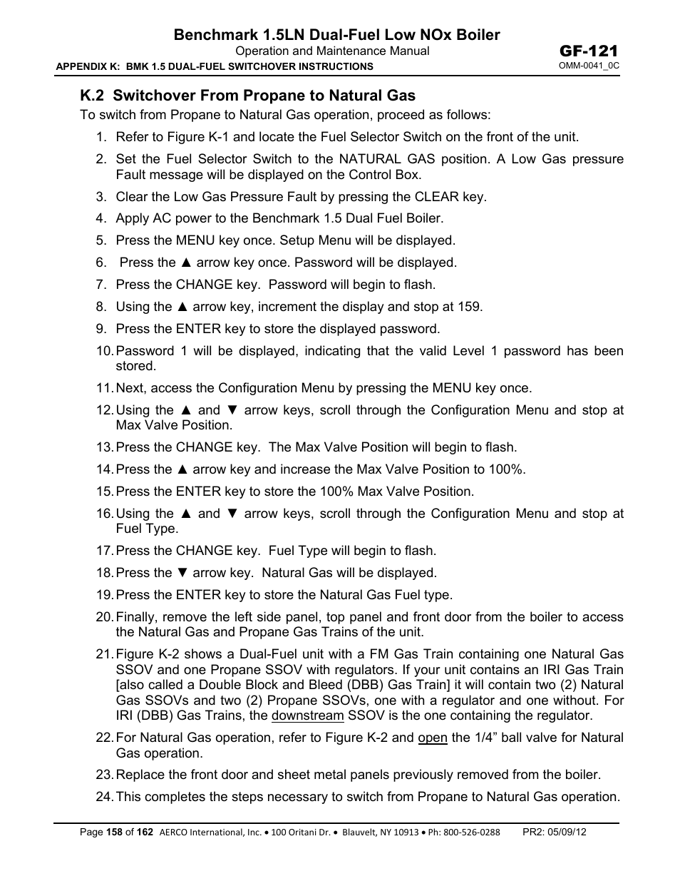 K.2 switchover from propane to natural gas, Benchmark 1.5ln dual-fuel low nox boiler, Gf-121 | AERCO BMK 1.5 LN Dual Fuel Feb 2013 User Manual | Page 158 / 162