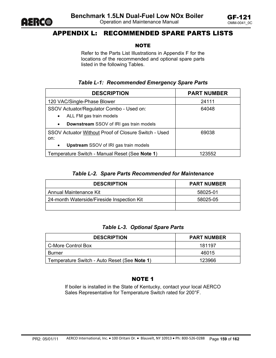 Appendix l: recommended spare parts lists, Benchmark 1.5ln dual-fuel low nox boiler, Gf-121 | AERCO BMK 1.5 LN Dual Fuel Feb 2013 User Manual | Page 159 / 162