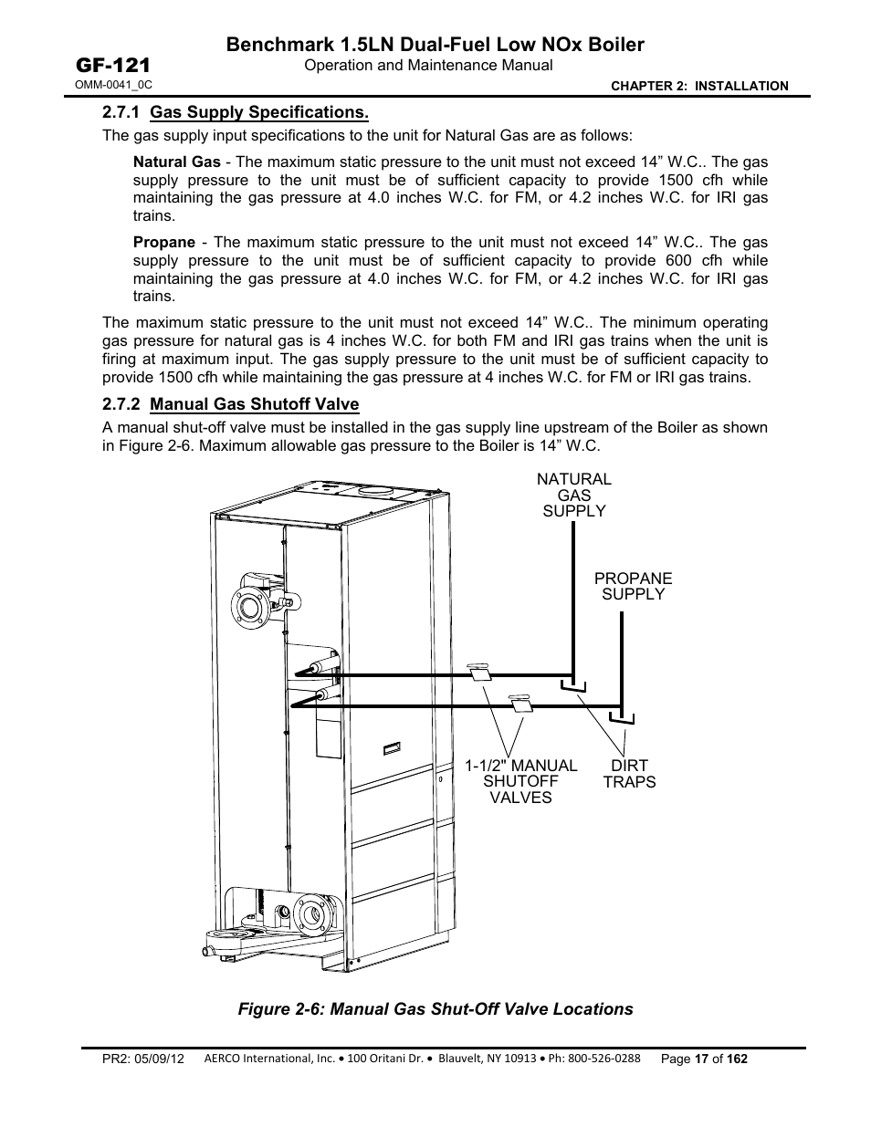 1 gas supply specifications, 2 manual gas shutoff valve, Benchmark 1.5ln dual-fuel low nox boiler | Gf-121 | AERCO BMK 1.5 LN Dual Fuel Feb 2013 User Manual | Page 17 / 162