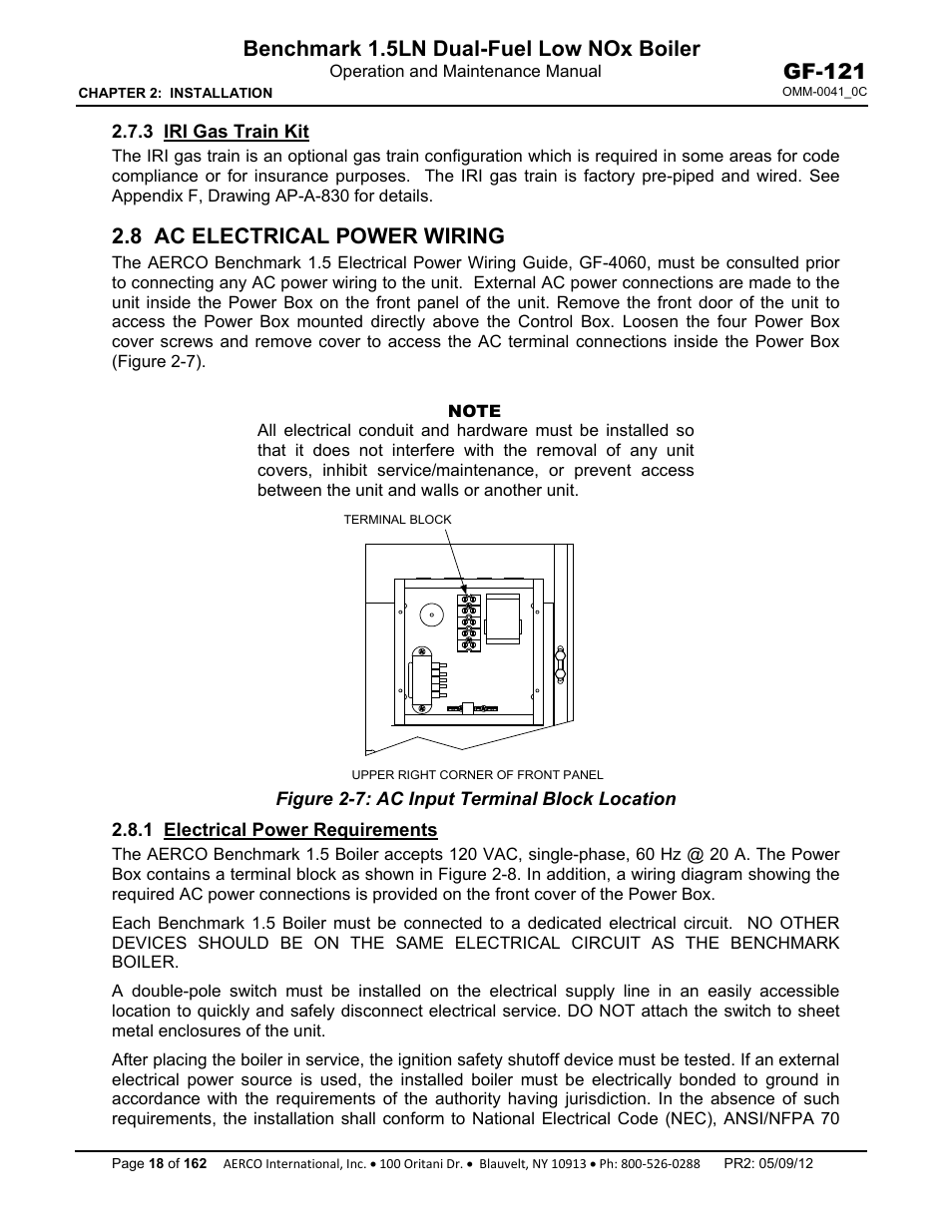 3 iri gas train kit, 8 ac electrical power wiring, 1 electrical power requirements | Benchmark 1.5ln dual-fuel low nox boiler, Gf-121 | AERCO BMK 1.5 LN Dual Fuel Feb 2013 User Manual | Page 18 / 162