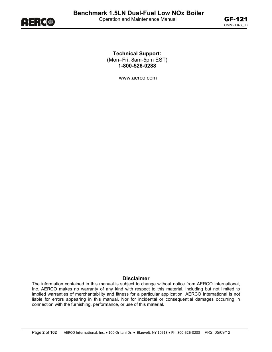 Benchmark 1.5ln dual-fuel low nox boiler, Gf-121 | AERCO BMK 1.5 LN Dual Fuel Feb 2013 User Manual | Page 2 / 162