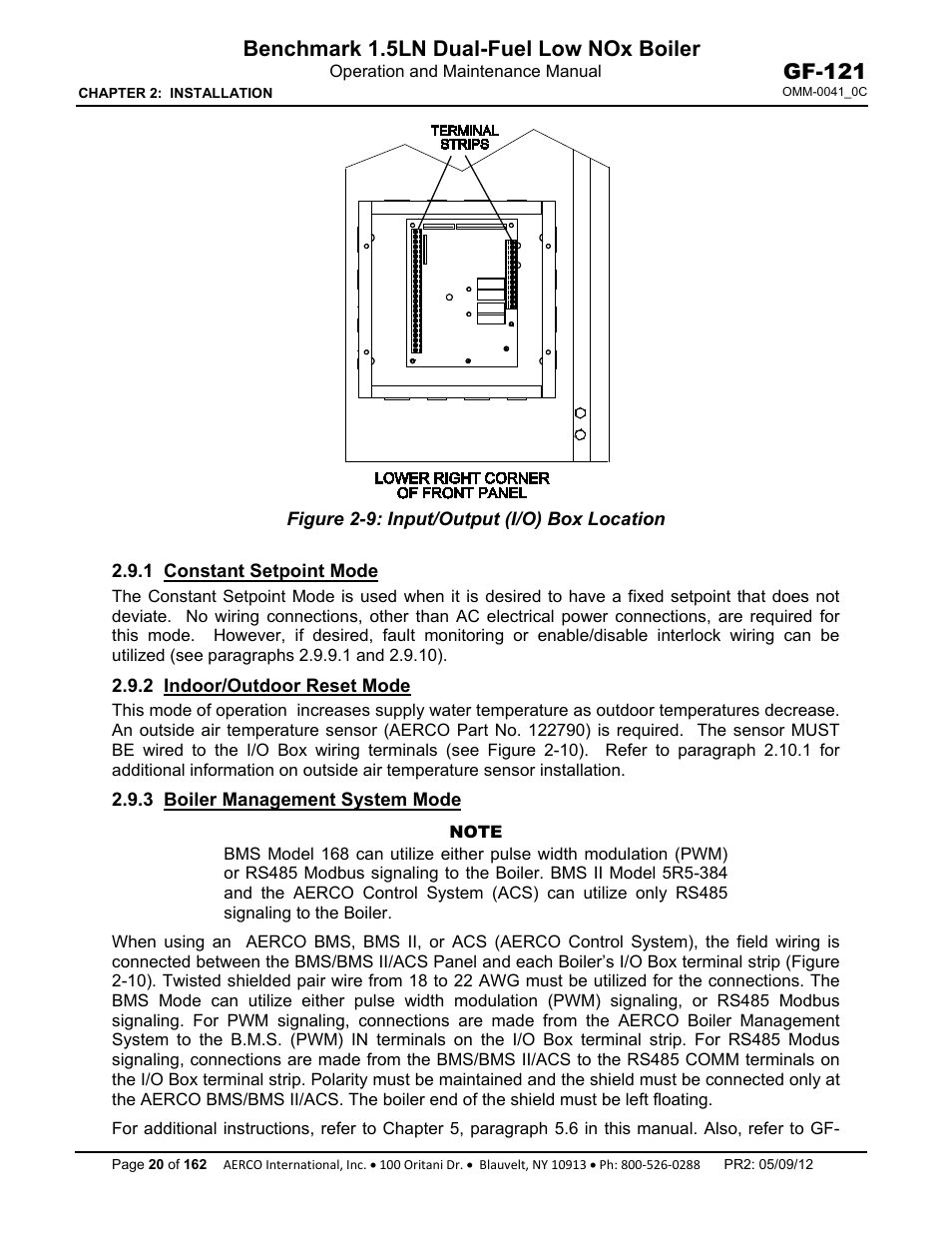 1 constant setpoint mode, 2 indoor/outdoor reset mode, 3 boiler management system mode | Benchmark 1.5ln dual-fuel low nox boiler, Gf-121 | AERCO BMK 1.5 LN Dual Fuel Feb 2013 User Manual | Page 20 / 162