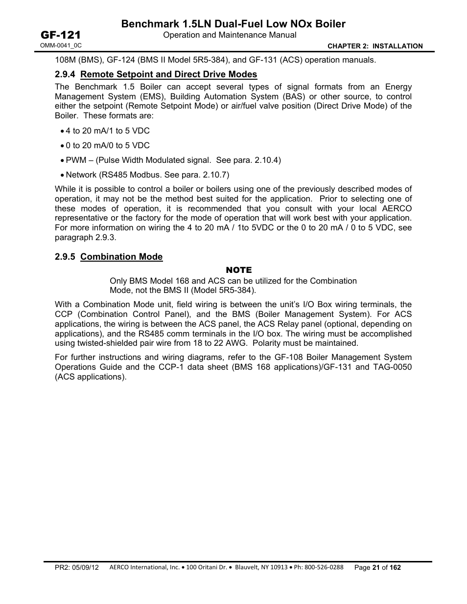 4 remote setpoint and direct drive modes, 5 combination mode, Benchmark 1.5ln dual-fuel low nox boiler | Gf-121 | AERCO BMK 1.5 LN Dual Fuel Feb 2013 User Manual | Page 21 / 162