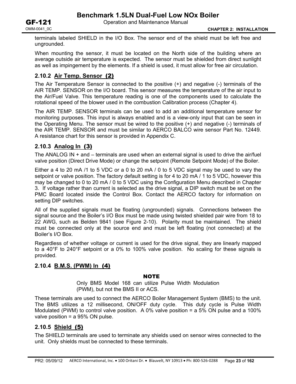 2 air temp. sensor (2), 3 analog in (3), 4 b.m.s. (pwm) in (4) | 5 shield (5), Benchmark 1.5ln dual-fuel low nox boiler, Gf-121 | AERCO BMK 1.5 LN Dual Fuel Feb 2013 User Manual | Page 23 / 162