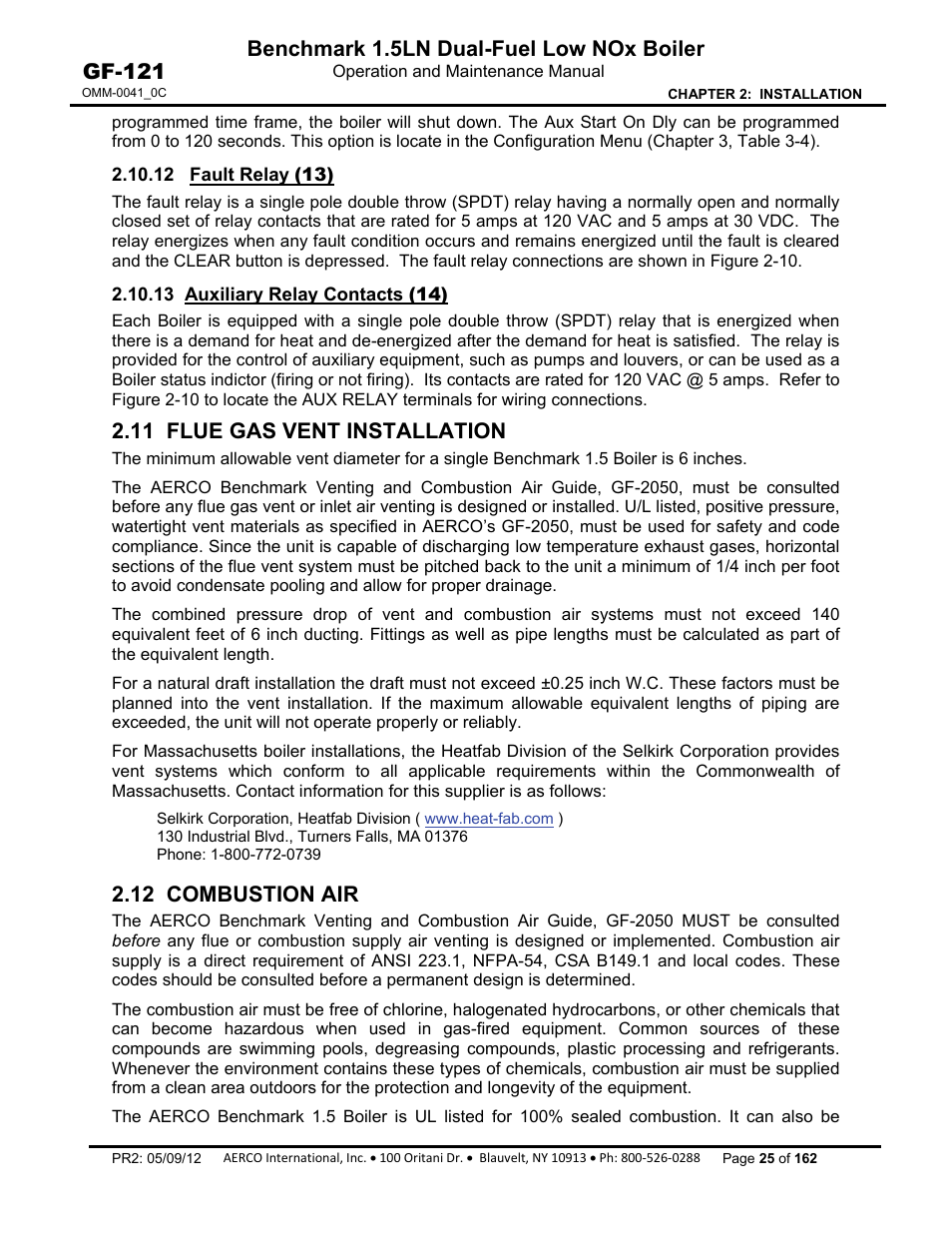 12 fault relay (13), 13 auxiliary relay contacts (14), 11 flue gas vent installation | 12 combustion air, Benchmark 1.5ln dual-fuel low nox boiler, Gf-121 | AERCO BMK 1.5 LN Dual Fuel Feb 2013 User Manual | Page 25 / 162
