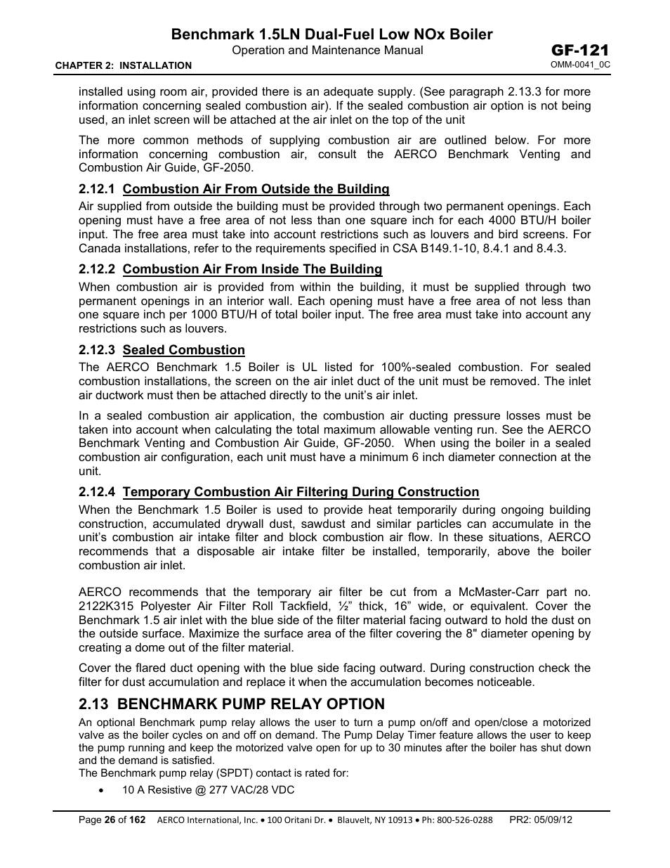 1 combustion air from outside the building, 2 combustion air from inside the building, 3 sealed combustion | 13 benchmark pump relay option, Benchmark 1.5ln dual-fuel low nox boiler, Gf-121 | AERCO BMK 1.5 LN Dual Fuel Feb 2013 User Manual | Page 26 / 162