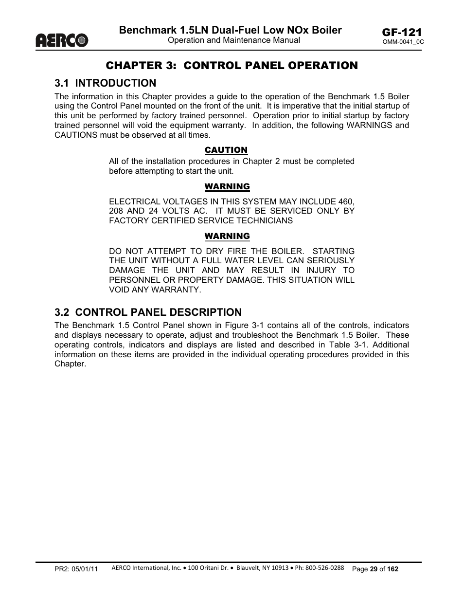 Chapter 3: control panel operation, Chapter 3, 1 introduction | 2 control panel description, Benchmark 1.5ln dual-fuel low nox boiler, Gf-121 | AERCO BMK 1.5 LN Dual Fuel Feb 2013 User Manual | Page 29 / 162