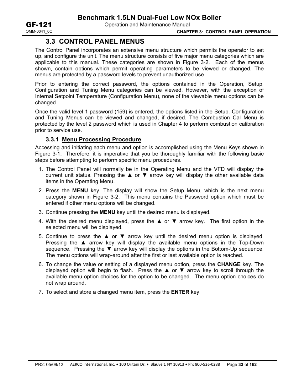 3 control panel menus, 1 menu processing procedure, Benchmark 1.5ln dual-fuel low nox boiler | Gf-121 | AERCO BMK 1.5 LN Dual Fuel Feb 2013 User Manual | Page 33 / 162