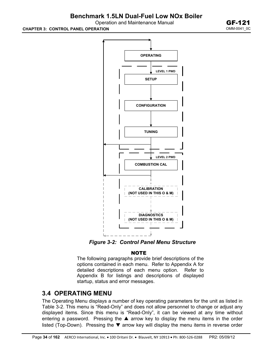 4 operating menu, Benchmark 1.5ln dual-fuel low nox boiler, Gf-121 | AERCO BMK 1.5 LN Dual Fuel Feb 2013 User Manual | Page 34 / 162