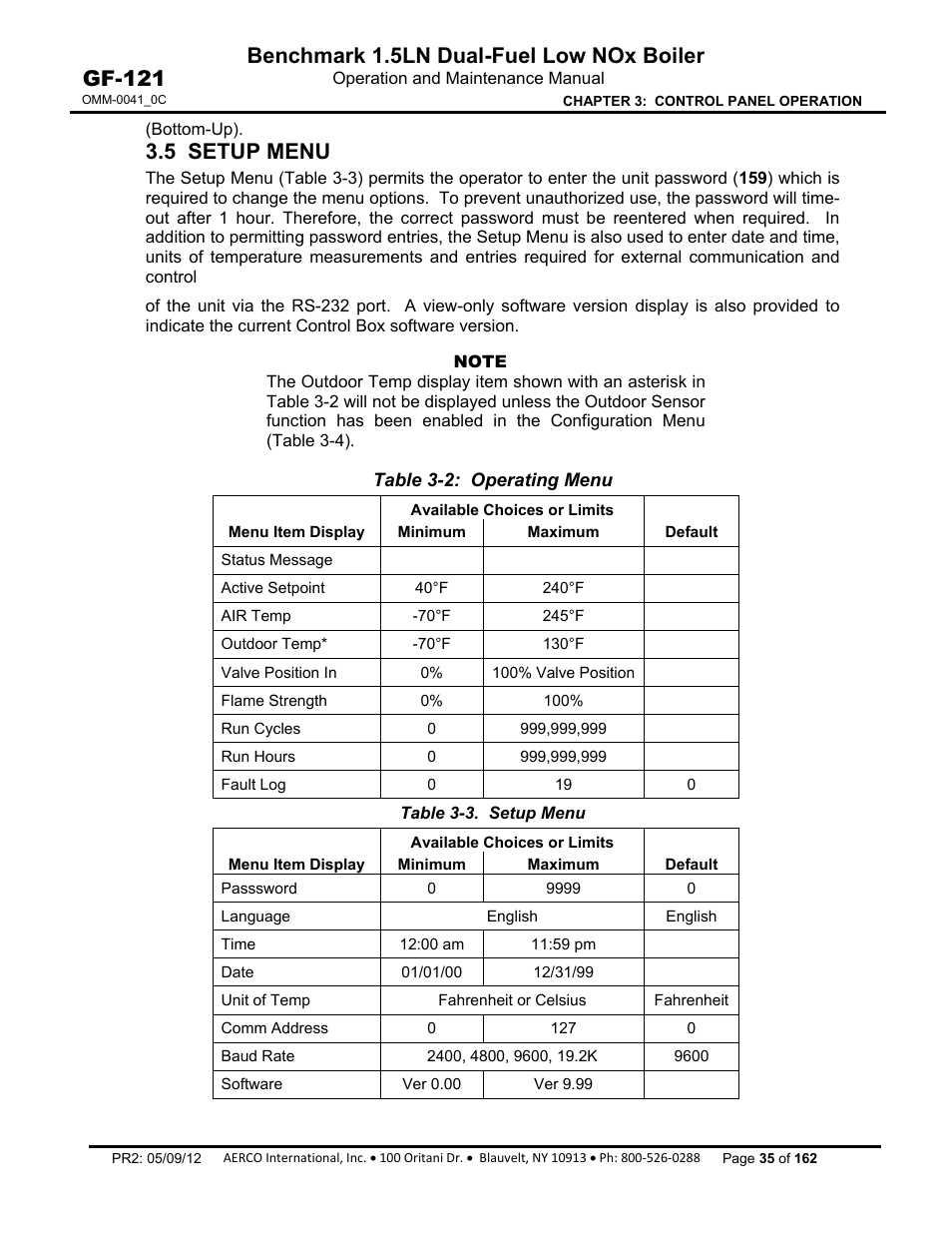 5 setup menu, Benchmark 1.5ln dual-fuel low nox boiler, Gf-121 | AERCO BMK 1.5 LN Dual Fuel Feb 2013 User Manual | Page 35 / 162