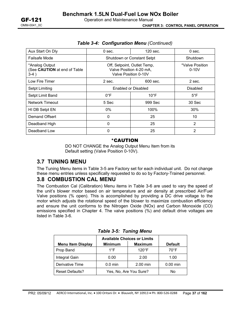 7 tuning menu, 8 combustion cal menu, Benchmark 1.5ln dual-fuel low nox boiler | Gf-121 | AERCO BMK 1.5 LN Dual Fuel Feb 2013 User Manual | Page 37 / 162
