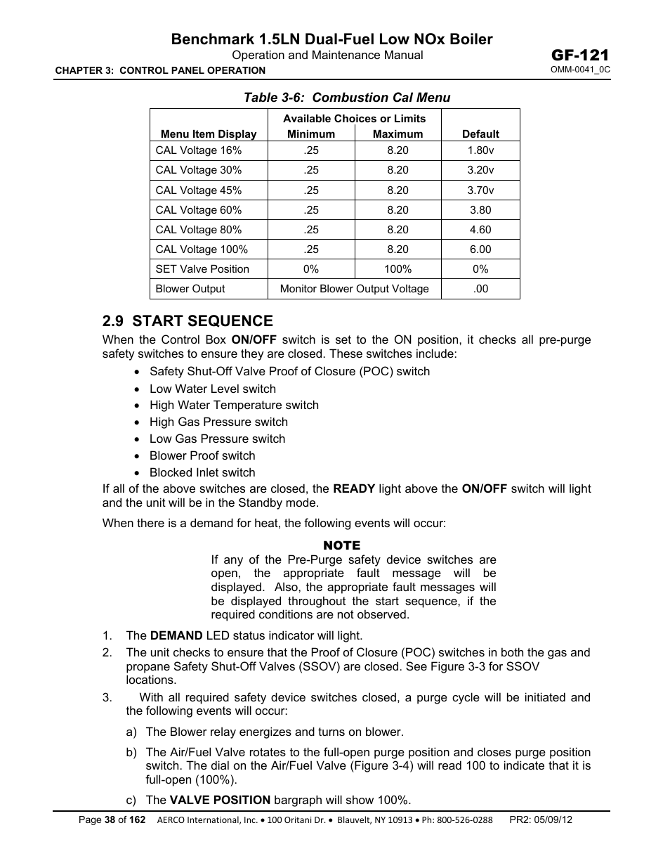 Chapter 1, Chapter 2, 9 start sequence | Benchmark 1.5ln dual-fuel low nox boiler, Gf-121 | AERCO BMK 1.5 LN Dual Fuel Feb 2013 User Manual | Page 38 / 162