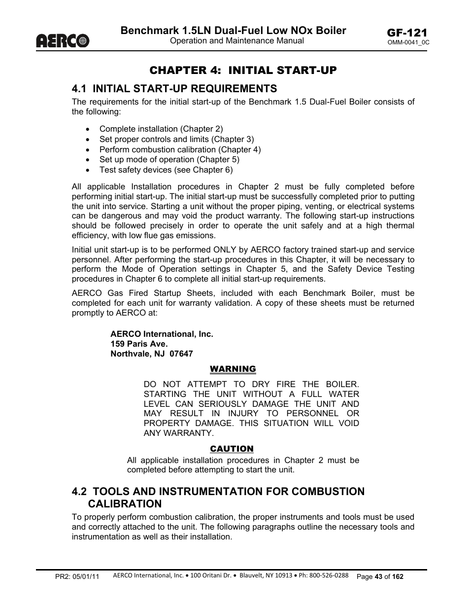 Chapter 4: initial start-up, Chapter 4, 1 initial start-up requirements | Benchmark 1.5ln dual-fuel low nox boiler, Gf-121 | AERCO BMK 1.5 LN Dual Fuel Feb 2013 User Manual | Page 43 / 162
