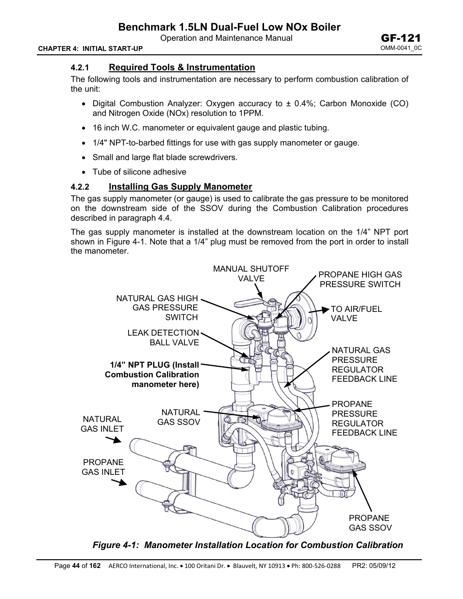 Chapter 4, 1 required tools & instrumentation, 2 installing gas supply manometer | Benchmark 1.5ln dual-fuel low nox boiler, Gf-121 | AERCO BMK 1.5 LN Dual Fuel Feb 2013 User Manual | Page 44 / 162