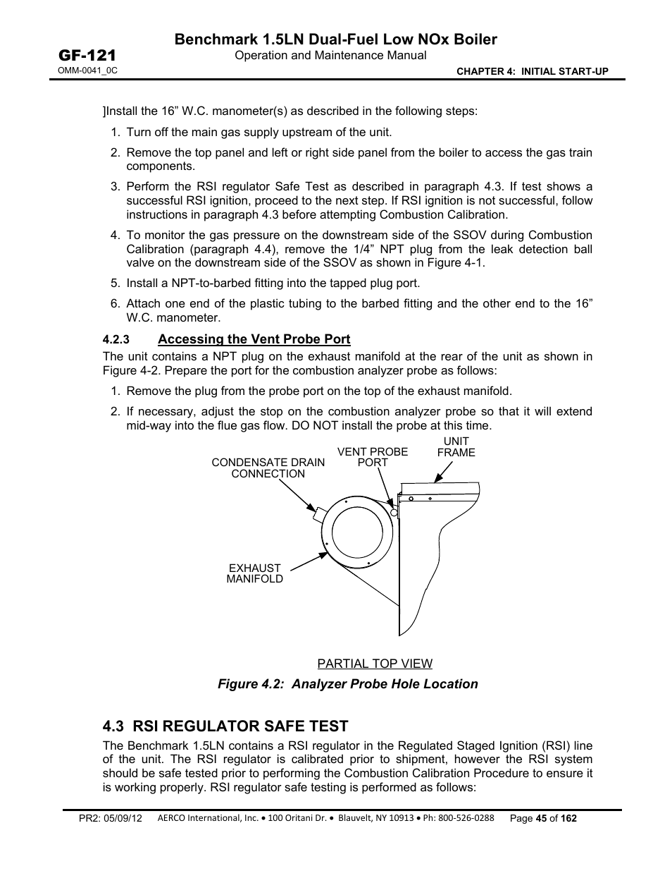 3 accessing the vent probe port, 3 rsi regulator safe test, Benchmark 1.5ln dual-fuel low nox boiler | Gf-121 | AERCO BMK 1.5 LN Dual Fuel Feb 2013 User Manual | Page 45 / 162