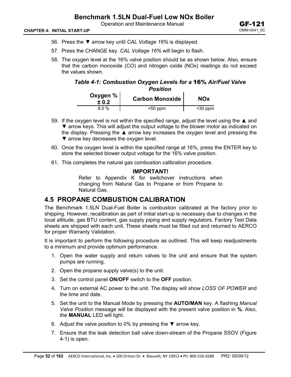 5 propane combustion calibration, Benchmark 1.5ln dual-fuel low nox boiler, Gf-121 | AERCO BMK 1.5 LN Dual Fuel Feb 2013 User Manual | Page 52 / 162