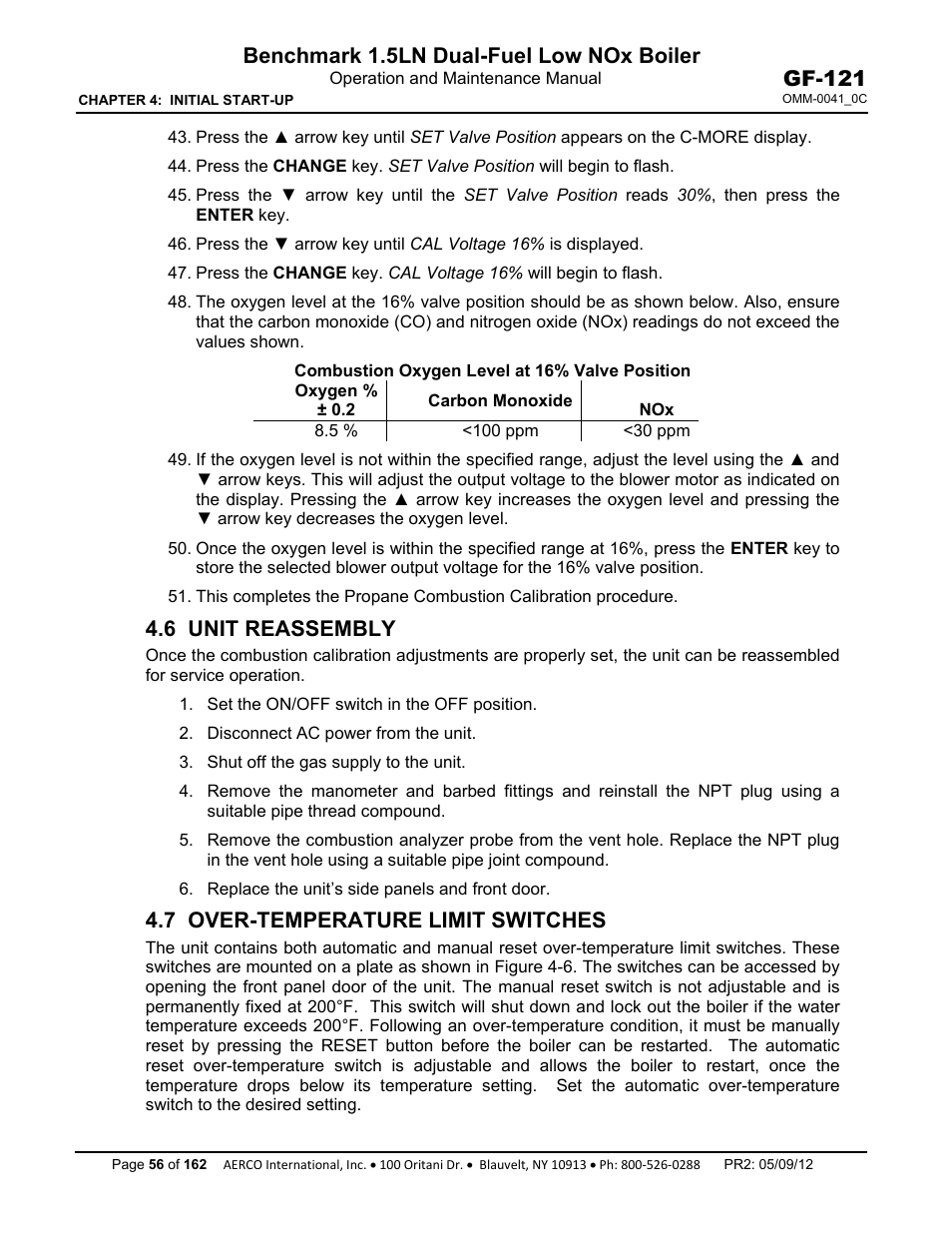 6 unit reassembly, 7 over-temperature limit switches, Benchmark 1.5ln dual-fuel low nox boiler | Gf-121 | AERCO BMK 1.5 LN Dual Fuel Feb 2013 User Manual | Page 56 / 162