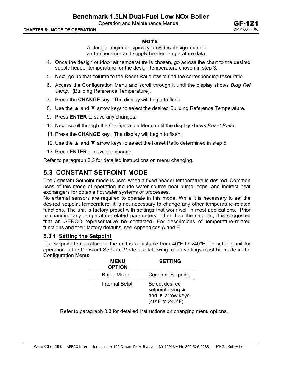 3 constant setpoint mode, 1 setting the setpoint, Benchmark 1.5ln dual-fuel low nox boiler | Gf-121 | AERCO BMK 1.5 LN Dual Fuel Feb 2013 User Manual | Page 60 / 162