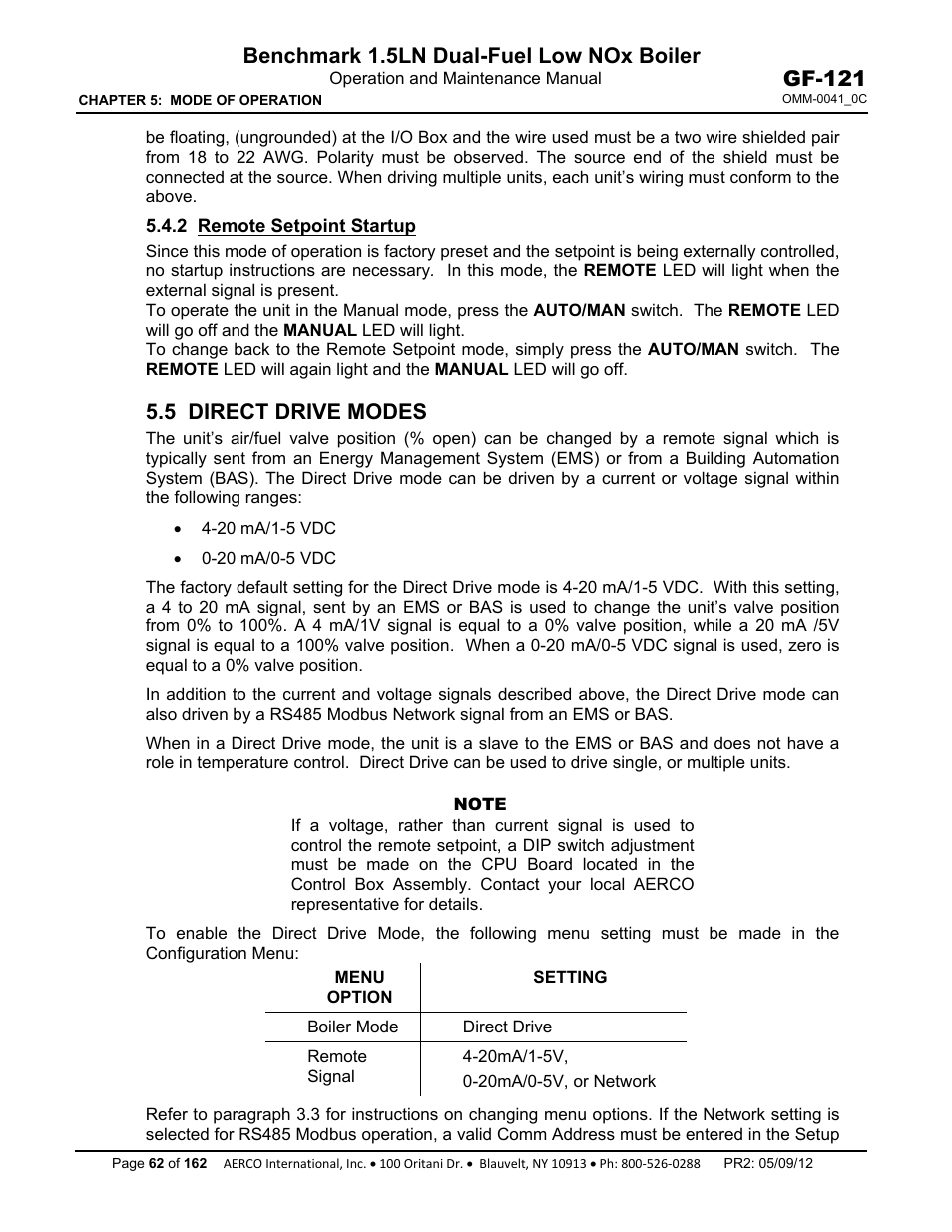 2 remote setpoint startup, 5 direct drive modes, Benchmark 1.5ln dual-fuel low nox boiler | Gf-121 | AERCO BMK 1.5 LN Dual Fuel Feb 2013 User Manual | Page 62 / 162