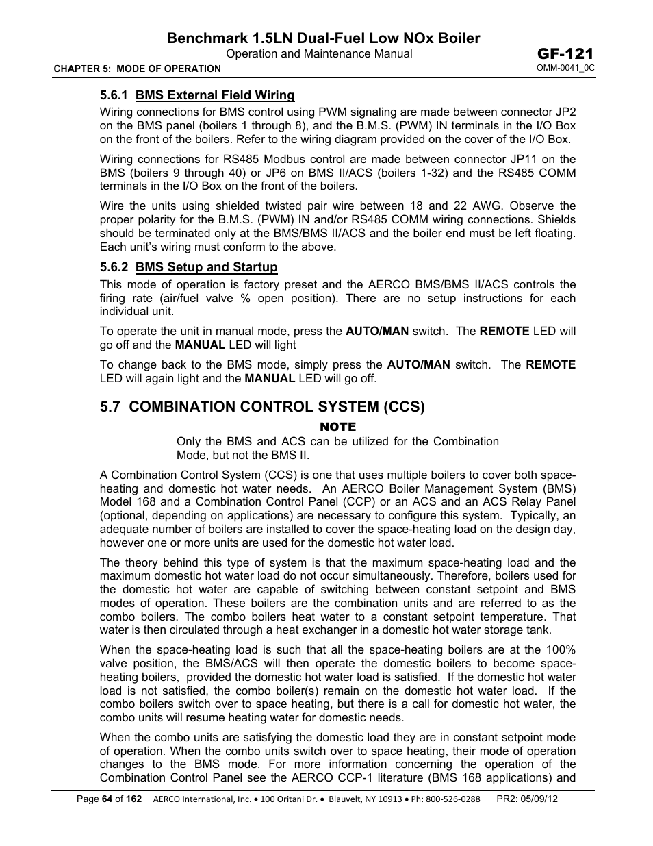 1 bms external field wiring, 2 bms setup and startup, 7 combination control system (ccs) | Benchmark 1.5ln dual-fuel low nox boiler, Gf-121 | AERCO BMK 1.5 LN Dual Fuel Feb 2013 User Manual | Page 64 / 162