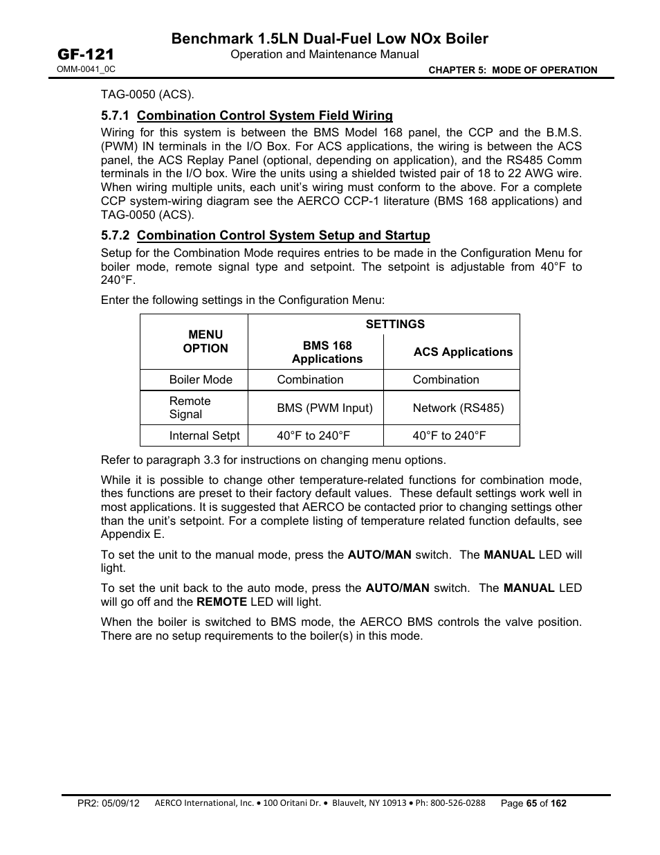 1 combination control system field wiring, 2 combination control system setup and startup, Benchmark 1.5ln dual-fuel low nox boiler | Gf-121 | AERCO BMK 1.5 LN Dual Fuel Feb 2013 User Manual | Page 65 / 162
