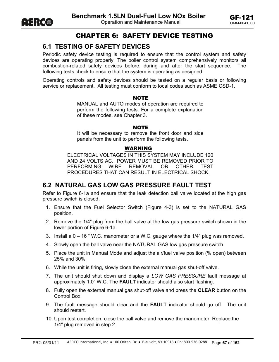 Chapter 6: safety device testing, Chapter 6, 1 testing of safety devices | 2 natural gas low gas pressure fault test, Benchmark 1.5ln dual-fuel low nox boiler, Gf-121 | AERCO BMK 1.5 LN Dual Fuel Feb 2013 User Manual | Page 67 / 162