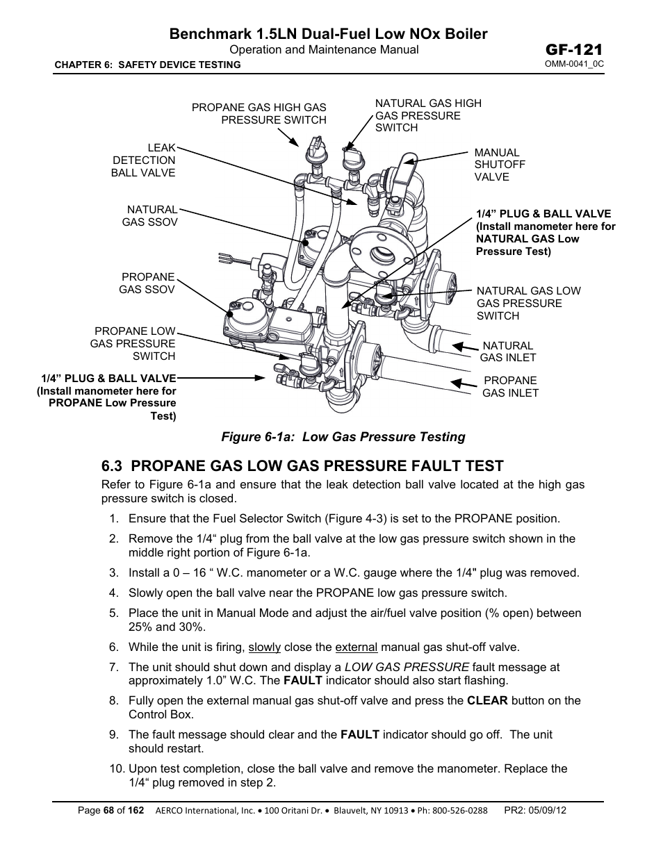 3 propane gas low gas pressure fault test, Benchmark 1.5ln dual-fuel low nox boiler, Gf-121 | AERCO BMK 1.5 LN Dual Fuel Feb 2013 User Manual | Page 68 / 162
