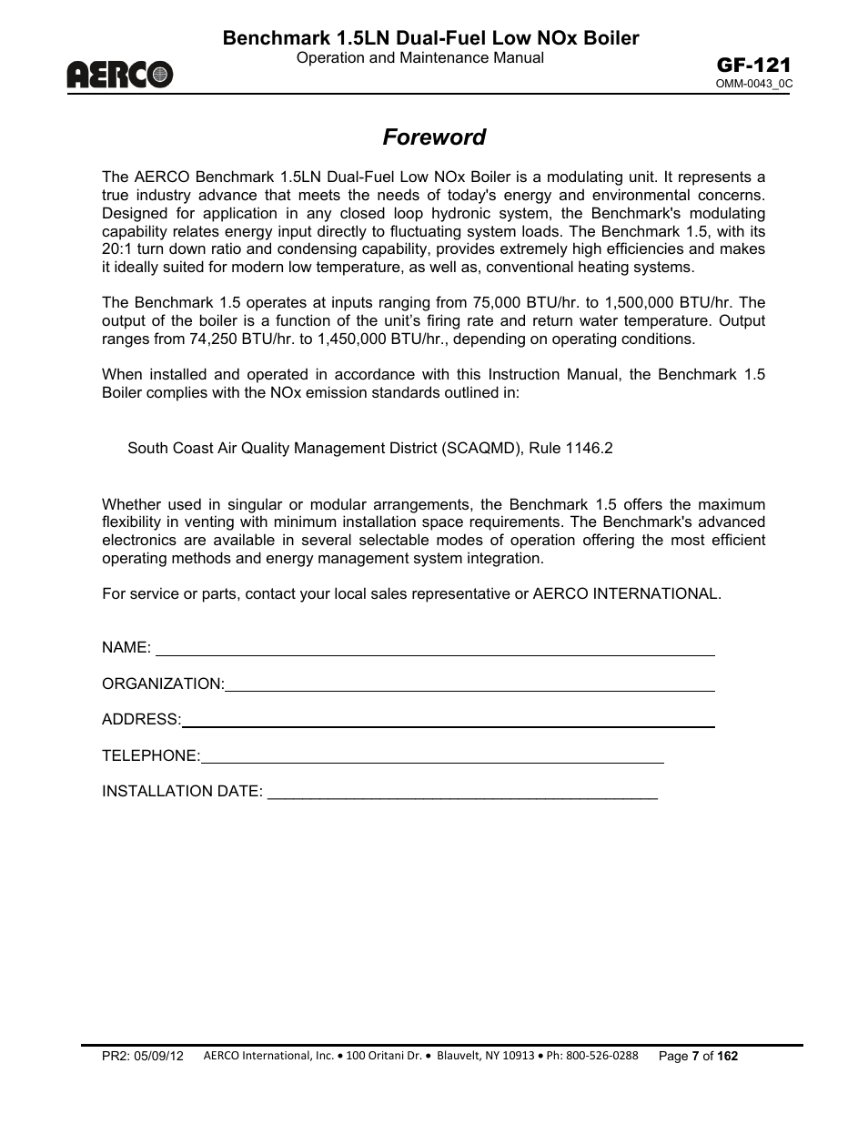 Foreword, Benchmark 1.5ln dual-fuel low nox boiler, Gf-121 | AERCO BMK 1.5 LN Dual Fuel Feb 2013 User Manual | Page 7 / 162