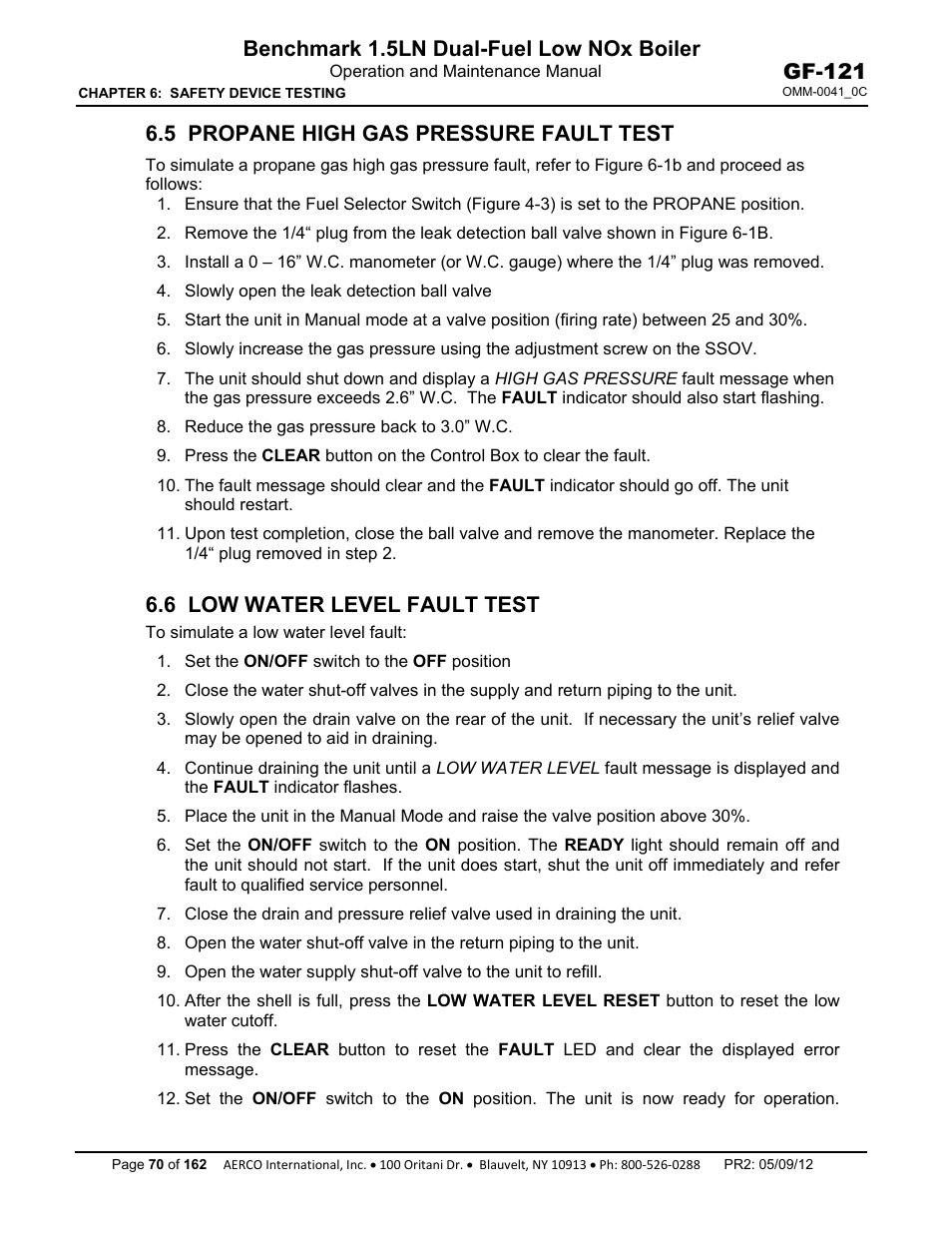 5 propane high gas pressure fault test, 6 low water level fault test, Benchmark 1.5ln dual-fuel low nox boiler | Gf-121 | AERCO BMK 1.5 LN Dual Fuel Feb 2013 User Manual | Page 70 / 162