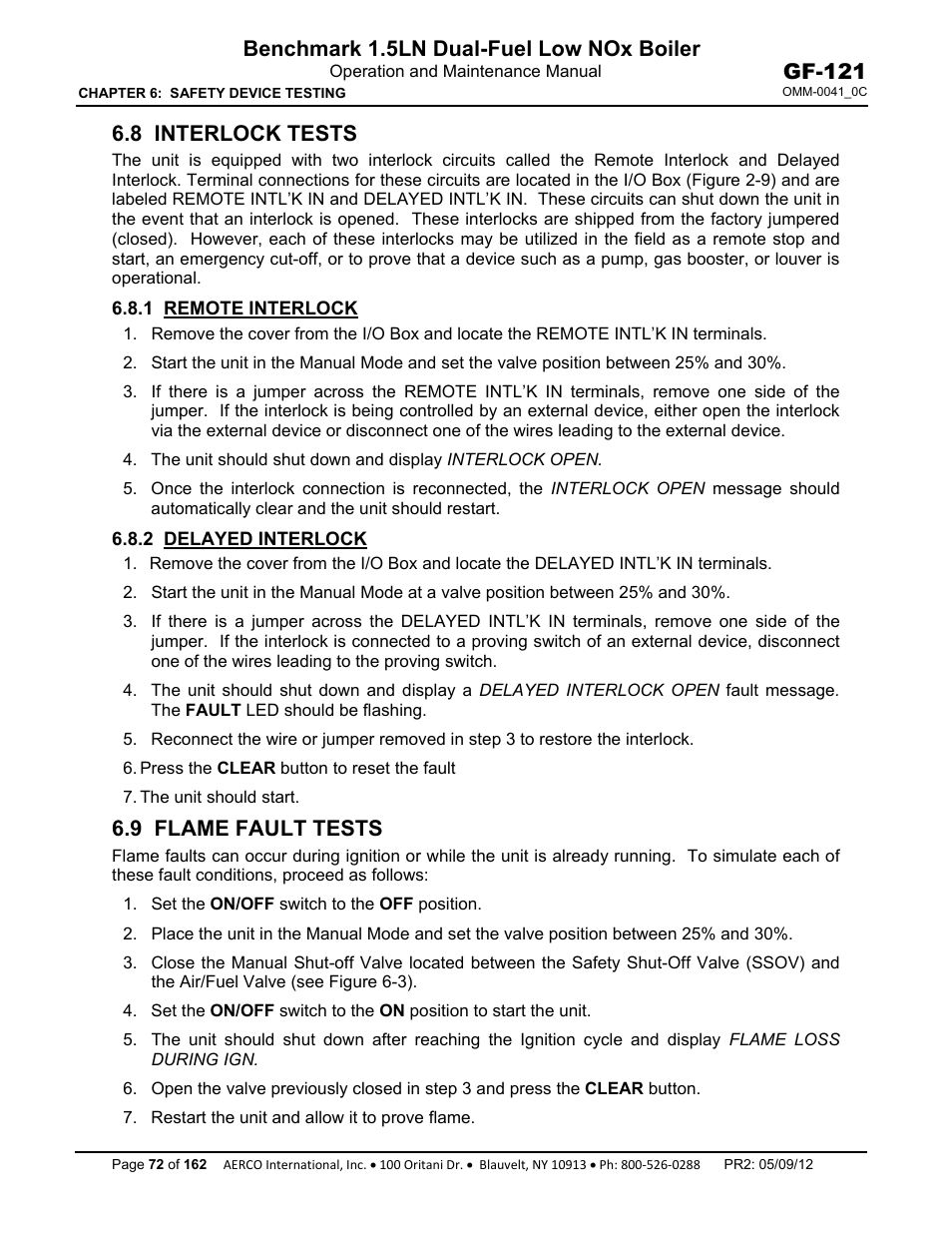 8 interlock tests, 1 remote interlock, 2 delayed interlock | 9 flame fault tests, Benchmark 1.5ln dual-fuel low nox boiler, Gf-121 | AERCO BMK 1.5 LN Dual Fuel Feb 2013 User Manual | Page 72 / 162